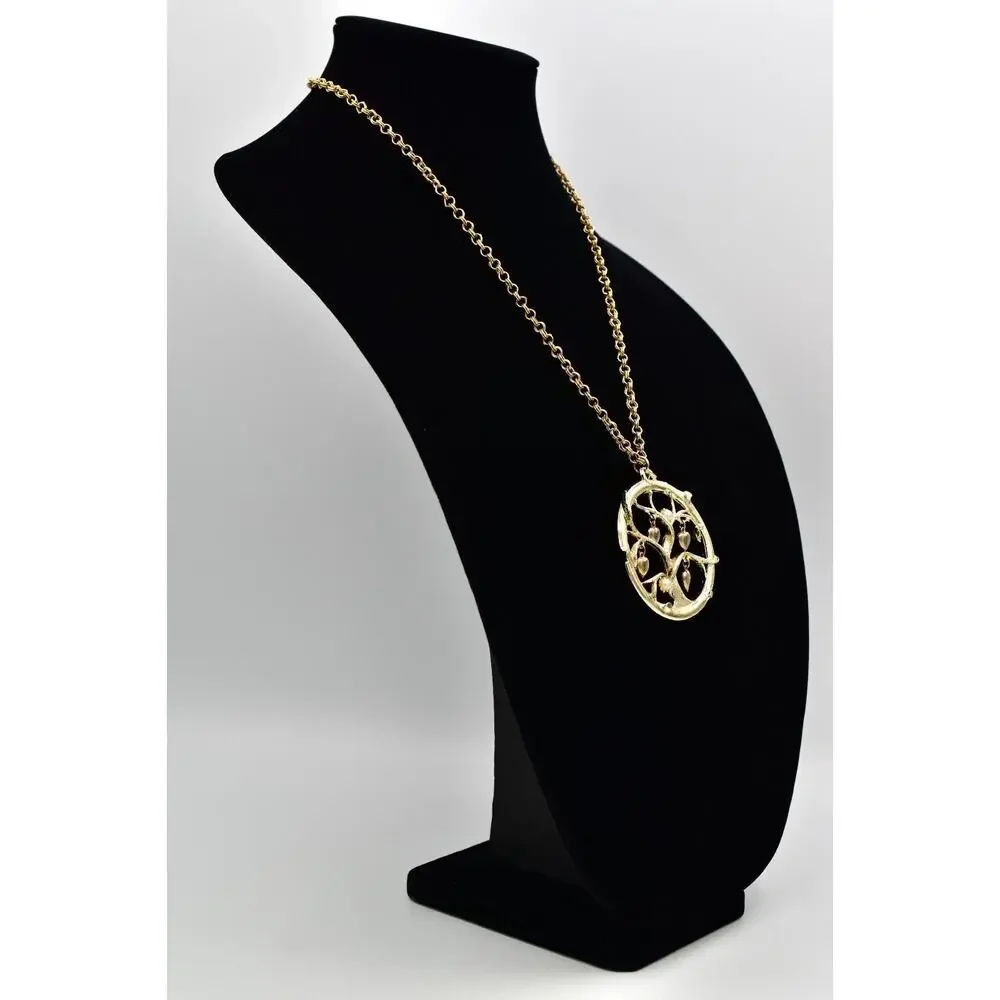 Vintage Tree Heart Pendant Necklace Pearl Charm Gold Tone Chunky 1970s BinBL